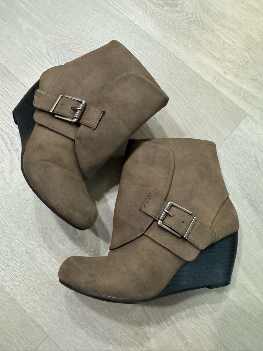 American Rag Taupe Brown Wedge Ankle Booties with Buckle